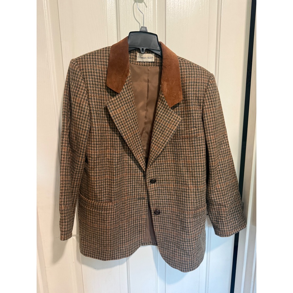 Charles Klein Vintage Houndstooth Blazer Brown Suede Collar Wool Blend Jacket 12